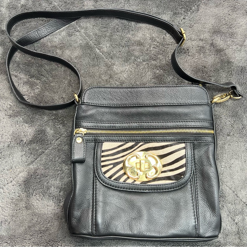 Emma Fox Black Leather Zebra Print Crossbody Purse HandBag Adjustable Strap
